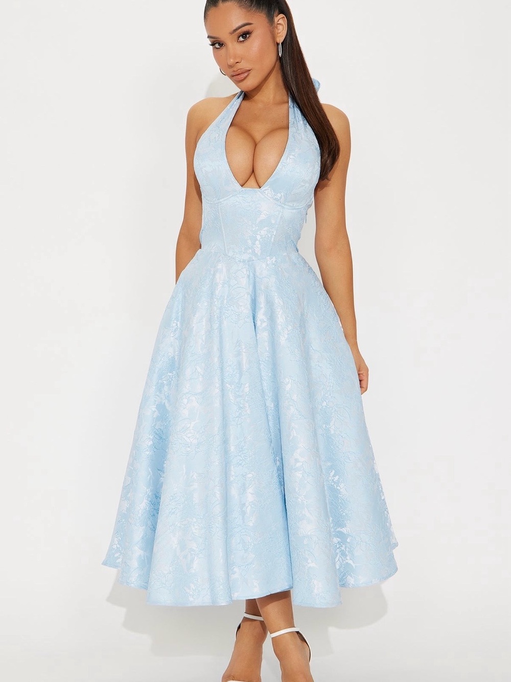 Fashion Nova Light Blue One-Shoulder Halter Midi Dress